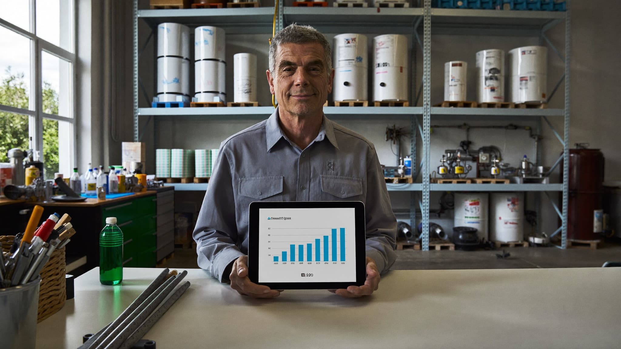 Titolare che legge il rapporto mensile su un tablet